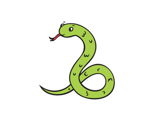 Hand drawn cute cartoon color green, outline simple snake. Kind doodle snake smile isolated on white background.