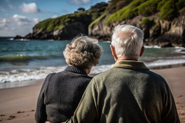 An elderly couple is sitting hugging on the seashore, view from the back.