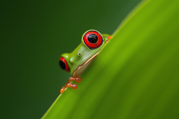 Close-up of a red-eyed tree frog on a tropical plant leaf