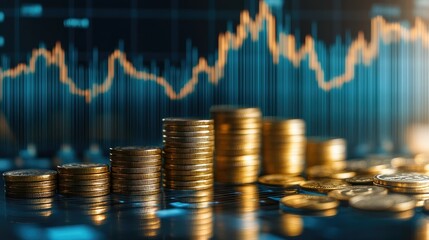 A financial chart showcases rising trends alongside a stunning display of gold bars and coins, symbolizing prosperity and investment.