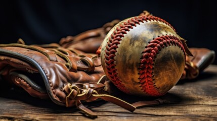 Naklejka premium Baseball Glove and Ball on Wood