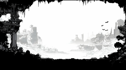 Obraz premium Post-Apocalyptic Landscape with Bats, post apocalyptic, dystopian, ruins, abandoned city, cityscape