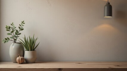 Fototapeta premium Minimalist interior with wooden table, potted plants, and subtle lighting