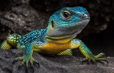 Obraz premium Photograph of a green and blue lizard, with a yellow belly and black eyes