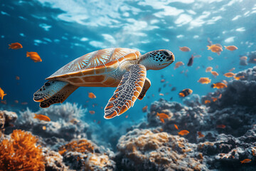 A sea turtle glides gracefully above the vibrant coral reef, surrounded by colorful fish and marine life