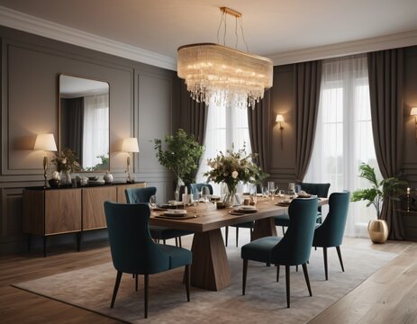 a high-quality 3D render of an elegant dining area, emphasizing sophistication and comfort. Incorporate a stylish dining table, comfortable chairs, and a statement chandelier.