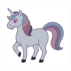 A whimsical unicorn with a rainbow colored mane vector illustration.
