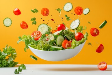 Fresh salad flying in the air with vibrant vegetables. A colorful mix of greens, tomatoes, and cucumbers creates a lively scene. Perfect for food lovers. Generative AI