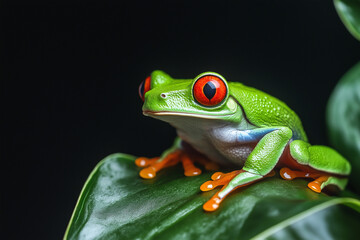 Fototapeta premium Close-up of a red-eyed tree frog on a tropical plant leaf