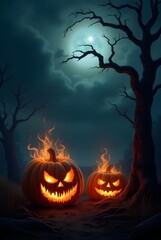 realistic Halloween background with creepy landscape of night sky ,burning pumpkins