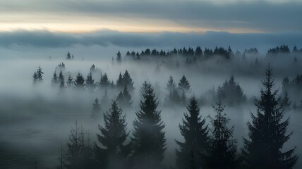 Fototapeta premium dense fog pine forest early morning trees mist eerie dreamlike atmosphere landscape