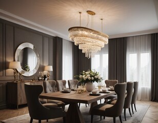 a high-quality 3D render of an elegant dining area, emphasizing sophistication and comfort. Incorporate a stylish dining table, comfortable chairs, and a statement chandelier.