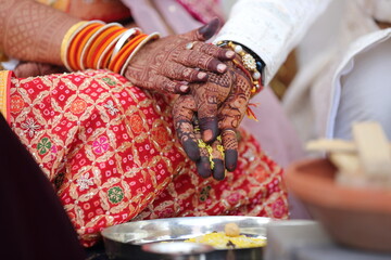 A bride in traditional attire performs a sacred ritual, offering prayers to the holy fire during a Hindu wedding ceremony.