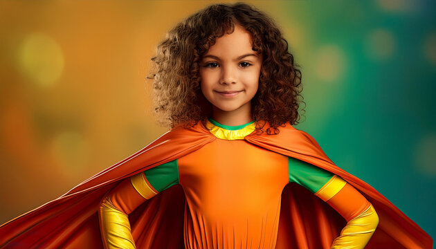 Ni&ntilde;a de pelo rizado valiente y con s&uacute;perpoderes. Vestida de s&uacute;per h&eacute;roe con capa.