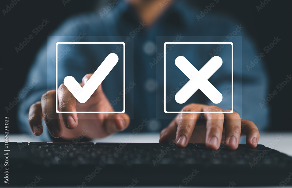 Poster businessman think and make choices between right and wrong symbols on blue background. yes or no dec