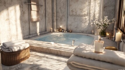 Luxurious Bathroom with Marble Bathtub and Soft Lighting