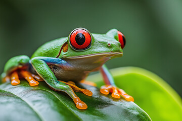 Obraz premium Close-up of a red-eyed tree frog on a tropical plant leaf