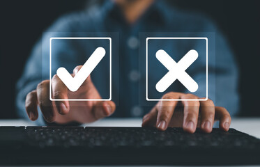 Businessman think and make choices between right and wrong symbols on blue background. Yes or No...