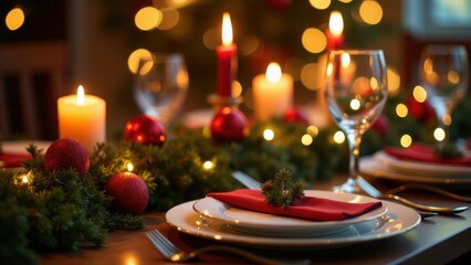 Festive dinner table adorned with red napkins, sparkling glassware, flickering candles, and holiday decorations. Warm, inviting, and elegantly set.