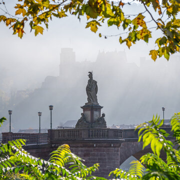 Heidelberg Castle and Old Bridge on a misty autumn day, Baden-W&uuml;rttemberg, Germany