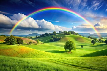 Obraz premium Colorful rainbow landscape with rolling hills and green grass with a few trees in the distance under a bright blue sky, green grass, landscape photography, outdoor environment
