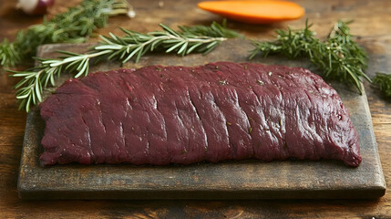 Raw Venison Steak on a Cutting Board, meat, red meat, protein, wooden board, rosemary