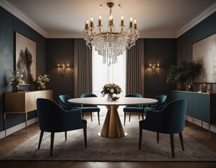 a high-quality 3D render of an elegant dining area, emphasizing sophistication and comfort. Incorporate a stylish dining table, comfortable chairs, and a statement chandelier.