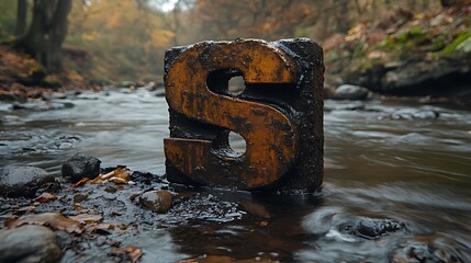 Fototapeta premium A rusty metal letter S sits in a shallow stream of water in a forest. The letter is partially submerged in the water and surrounded by rocks and leaves. The background is blurred.
