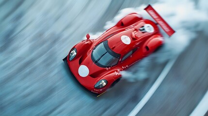 A dynamic red sports car drifts on a racetrack, creating a cloud of smoke, showcasing speed and power.