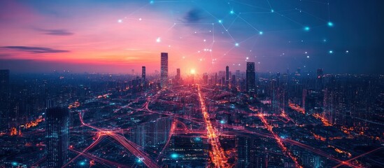 A vibrant cityscape at sunset with a glowing network of lines and dots over the city, representing connection and communication.