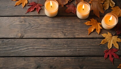 Autumnal Remembrance: Candles and Leaves on Wood, Ai generated Images