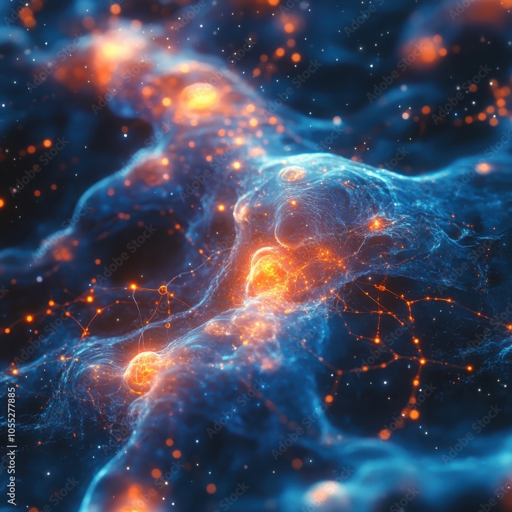 Poster exploring abstract neuroscience through visualizations of brain connectivity and neural interactions
