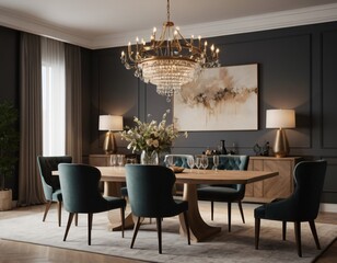 a high-quality 3D render of an elegant dining area, emphasizing sophistication and comfort. Incorporate a stylish dining table, comfortable chairs, and a statement chandelier.