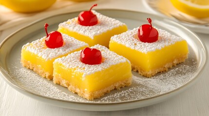 Bright lemon bars topped with cherries and powdered sugar, arranged neatly on a silver plate, evoking a delightful dessert experience.