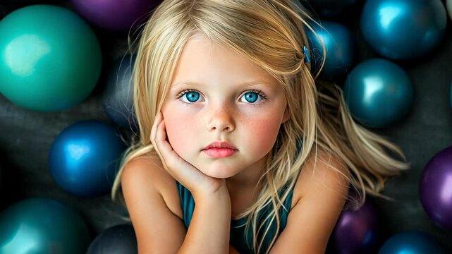A young girl with blonde hair and blue eyes rests her chin on her hand, surrounded by colorful balloons