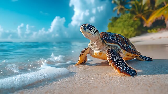 A sea turtle walks on a sandy beach towards the ocean, with palm trees and a blue sky with white clouds in the background.