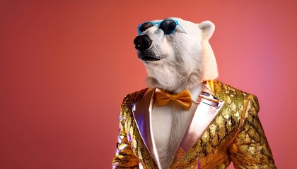 Obraz premium Creative animal concept. Polar Bear in glam fashionable couture high end outfits isolated on