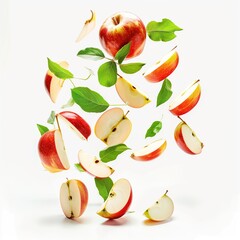 Obraz premium Apples with half slices falling or floating in the air with green leaves isolated on a white background, Fresh organic fruit with high vitamins and minerals