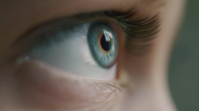 An intense close-up of a blue human eye with intricate patterns and long eyelashes, highlighted against a blurred background. Perfect for themes of human anatomy, vision, and beauty.