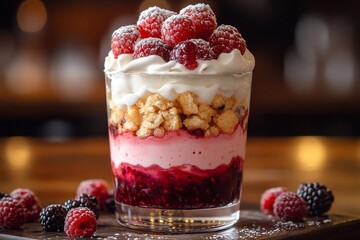 A layered berry dessert in a glass, topped with white cream. Space for text at the top.