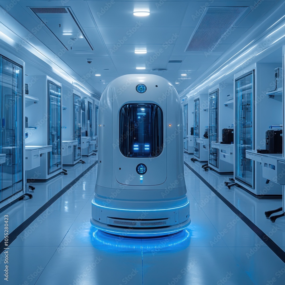 Poster exploring the future of robotics in a high-tech advanced laboratory environment with cutting-edge cl