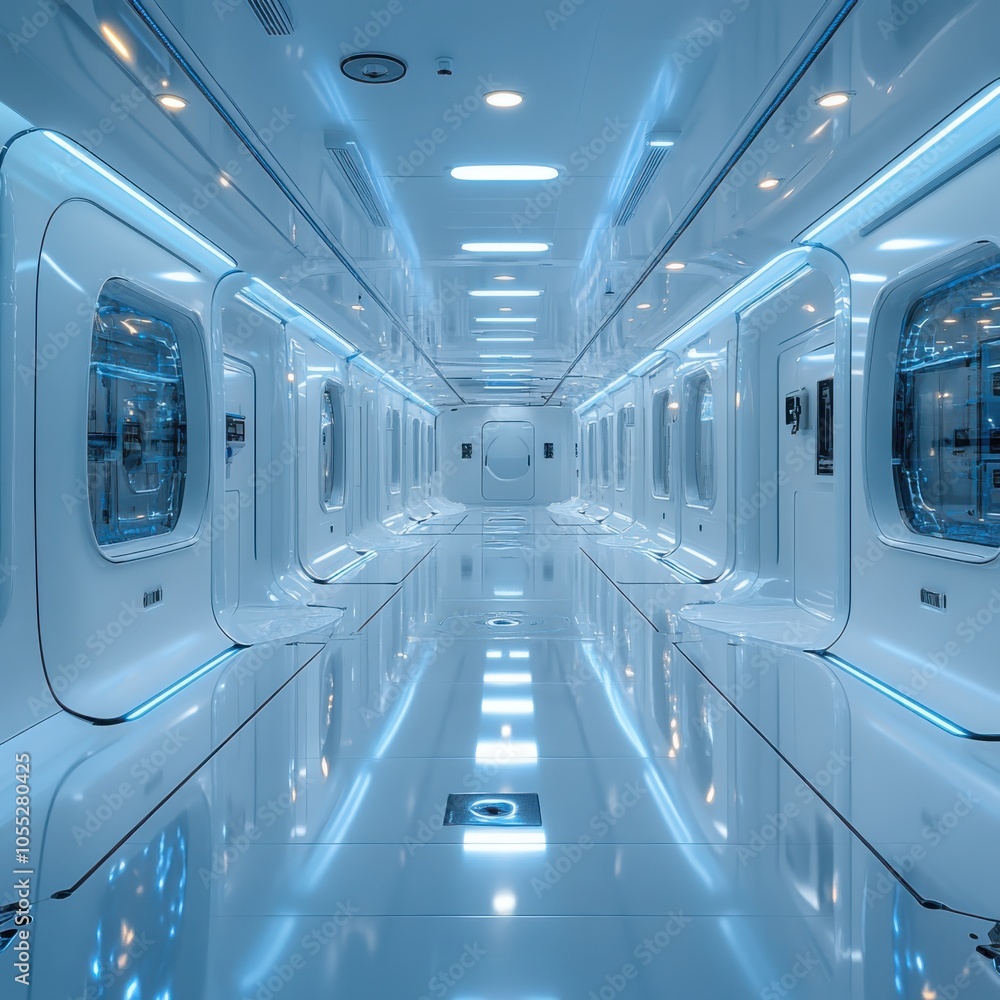 Poster exploring the future an advanced robotics laboratory in a pristine white environment designed for in