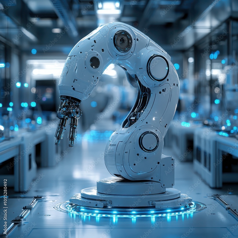 Poster exploring advanced robotics in a clean high-tech laboratory environment innovations and future prosp
