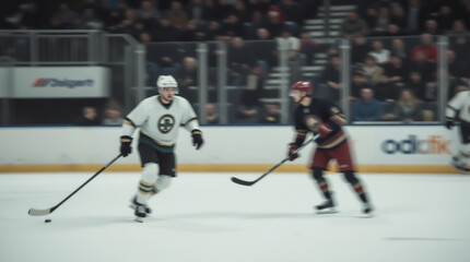 Obraz premium Dynamic moment of a hockey match with players focused on the puck