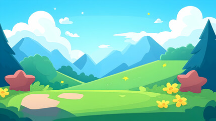 Fototapeta premium Cartoon Mountain Landscape with Green Grass and Flowers, sky, clouds, blue, trees, nature