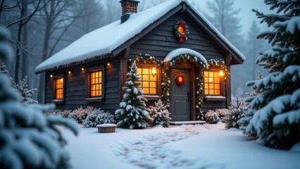 Cozy snow-covered cabin with lit windows, wreaths, and benches. A serene winter evening ambiance with softly falling snowflakes in a tranquil forest.