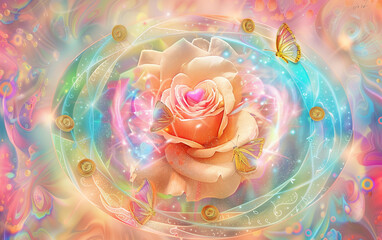 A Blooming Rose with a Heart at Its Center, Surrounded by Gold Coins and Colorful Swirls, Enhanced by Butterflies and a Rainbow Circle of Mysterious Patterns Filled with Symbols, Sparkles, and Light
