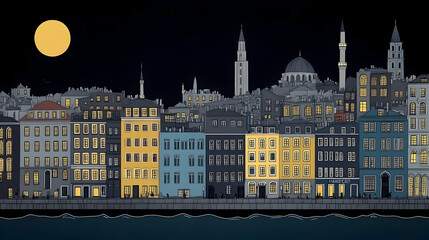 Nighttime cityscape with full moon and buildings, urban, night time, evening, architecture, houses