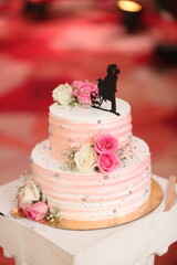 A charming wedding cake adorned with soft pink and white roses, topped with a silhouette of the couple, symbolizing their sweet union.