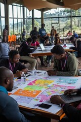 Participants collaborate in a vibrant workspace during a tech innovation workshop in the mountains of East Africa on a sunny afternoon